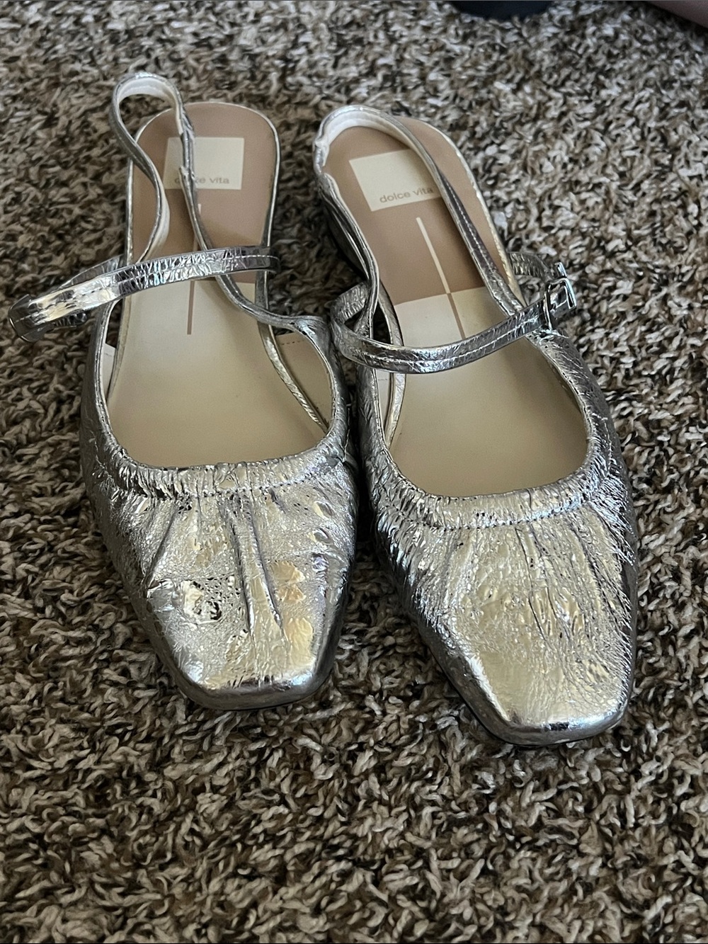 Dolce Vita Metallic Silver Square-Toe Slingback Flats